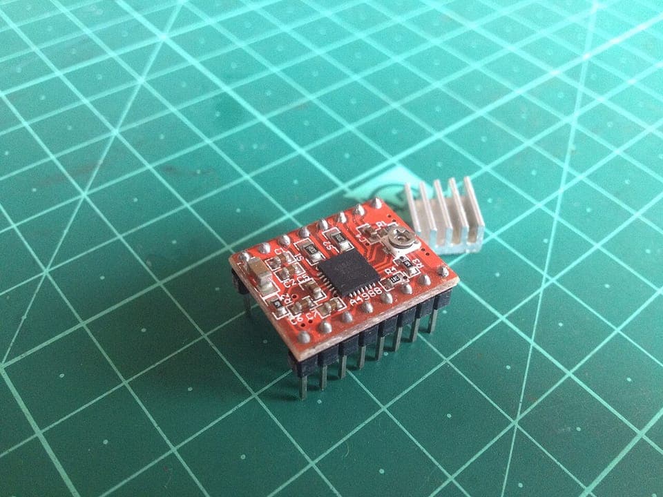 A4988 stepper driver board: the current-setting pot (Vref) on top