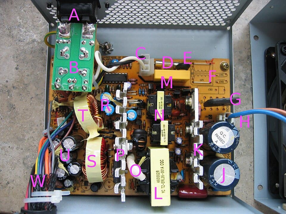 Inside an opened ATX computer power supply